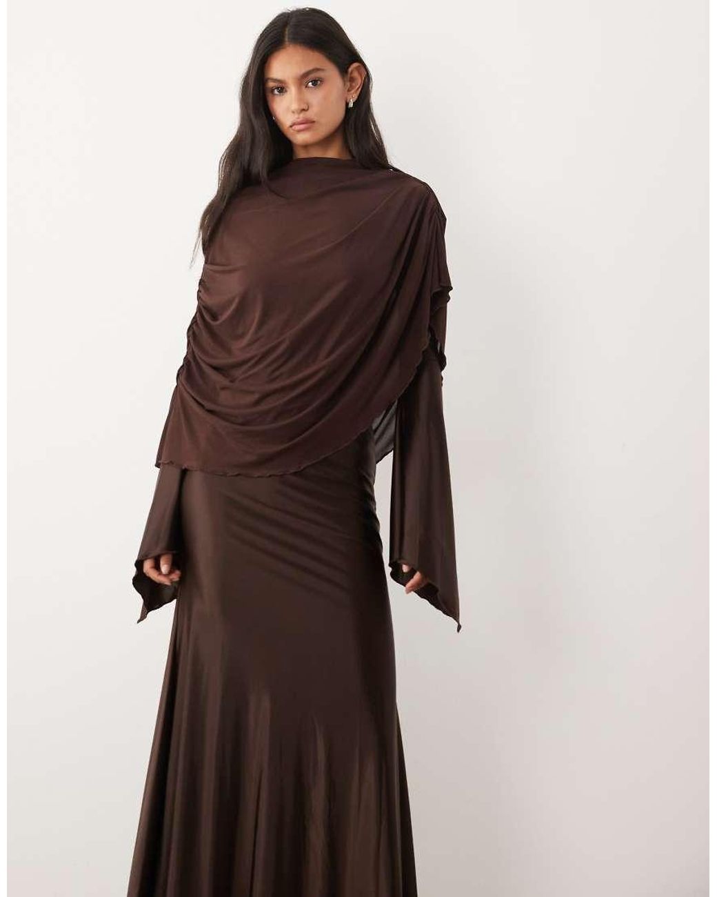 JW PEI Brown Exclusive Mesh High Neck Shawl Detail Maxi Dress