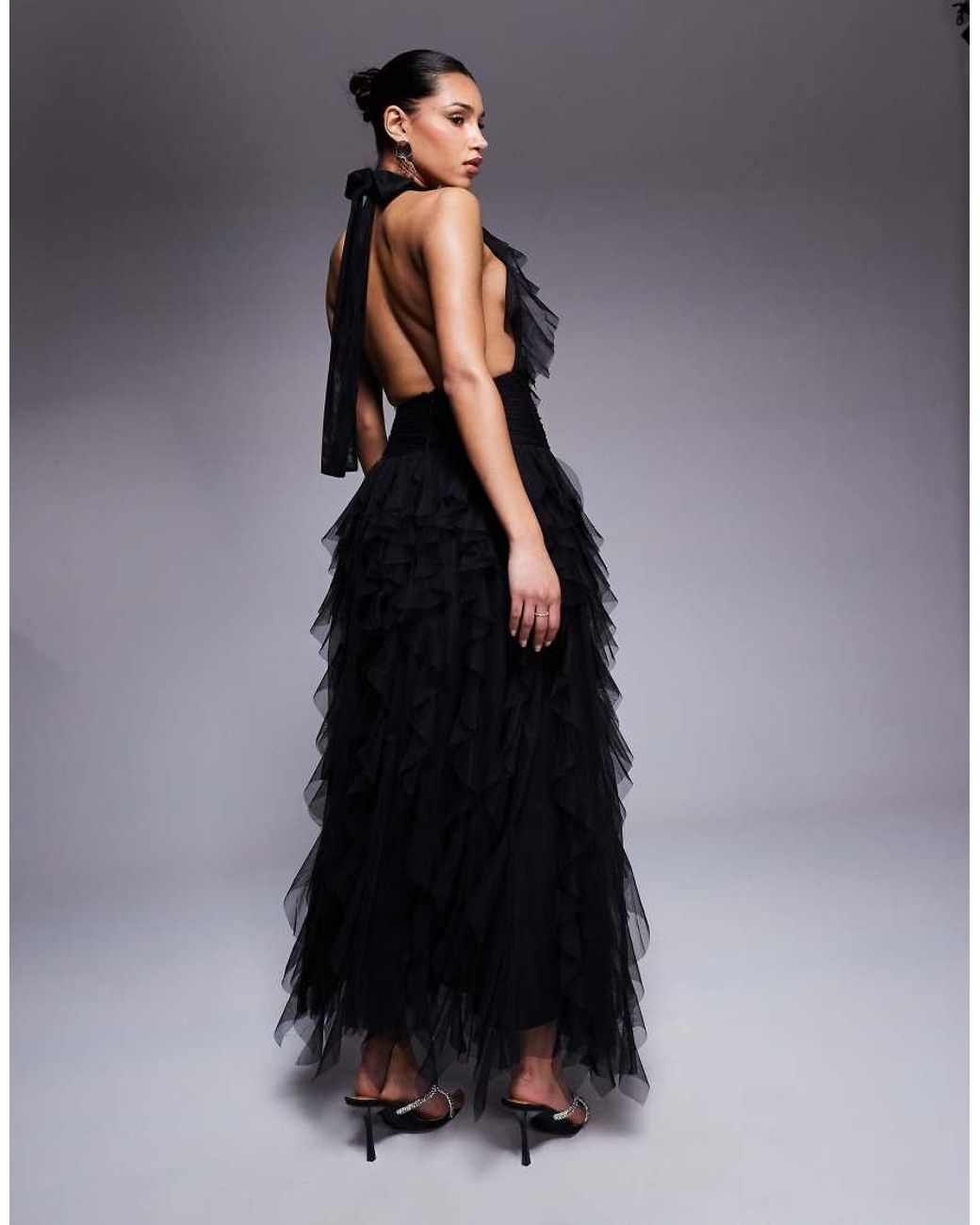 LACE & BEADS Backless Ruffle Tulle Maxi Dress in Blue | Lyst UK