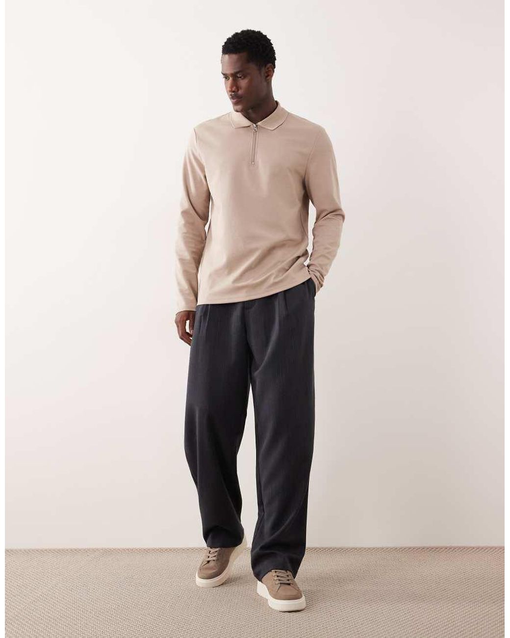ASOS Natural Breathemax Heavyweight Long Sleeve Zip Polo for men