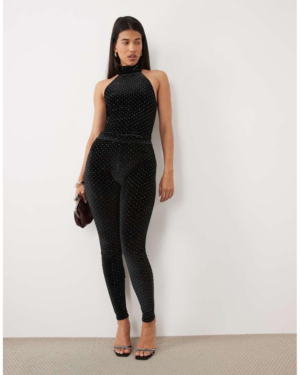 Ruched & Ready Black High Neck Racer Halterneck Velvet Hotfix Bodysuit Co-Ord