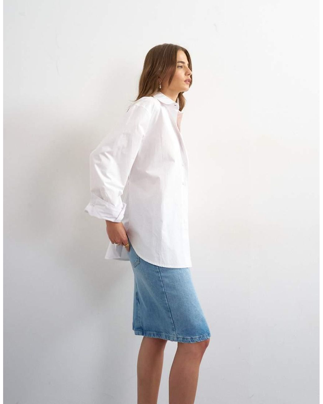TOPSHOP White Denim 90S Midi Skirt