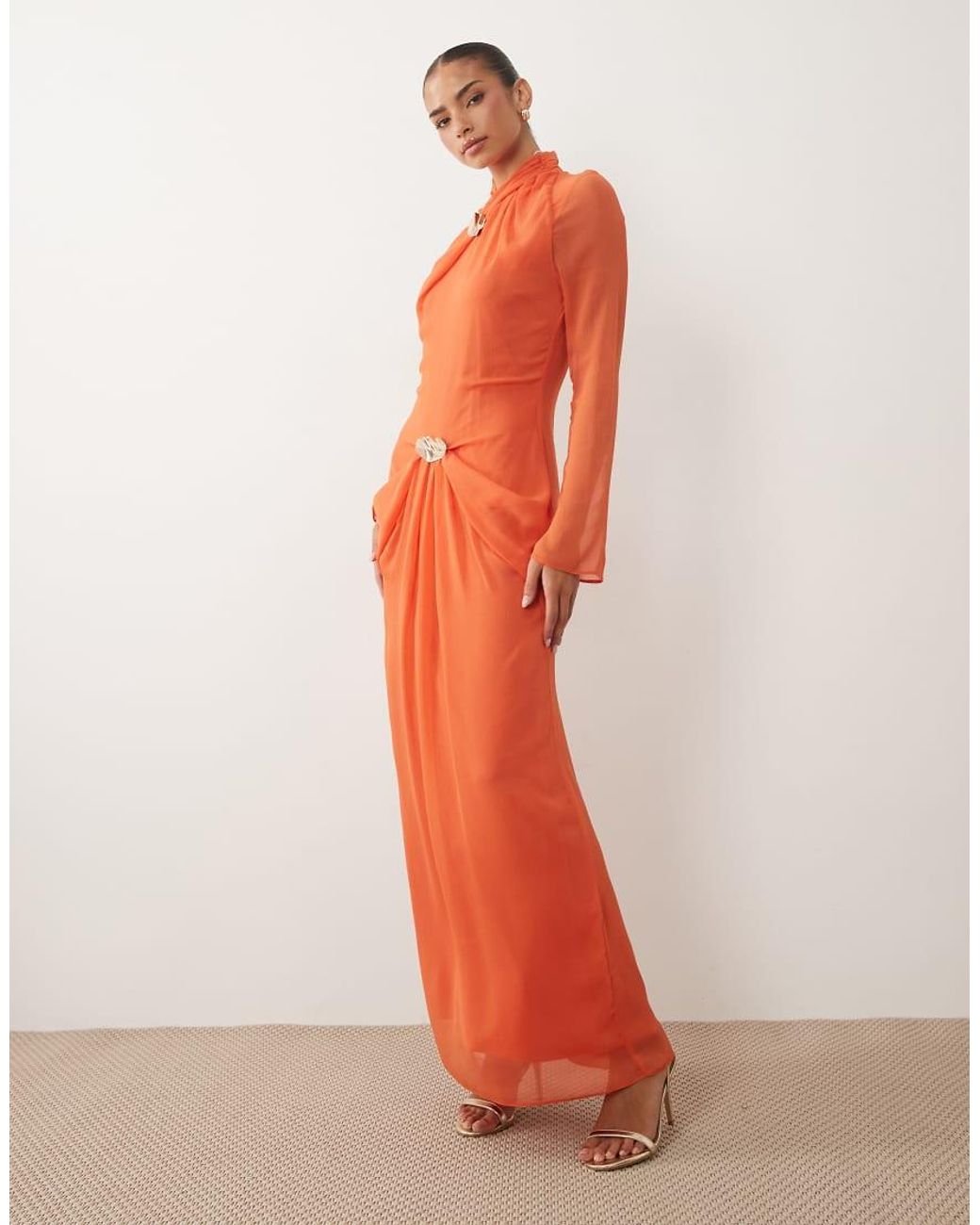 DASKA Orange Ruched Long Sleeve Maxi Dress With Gold Buckle Detail