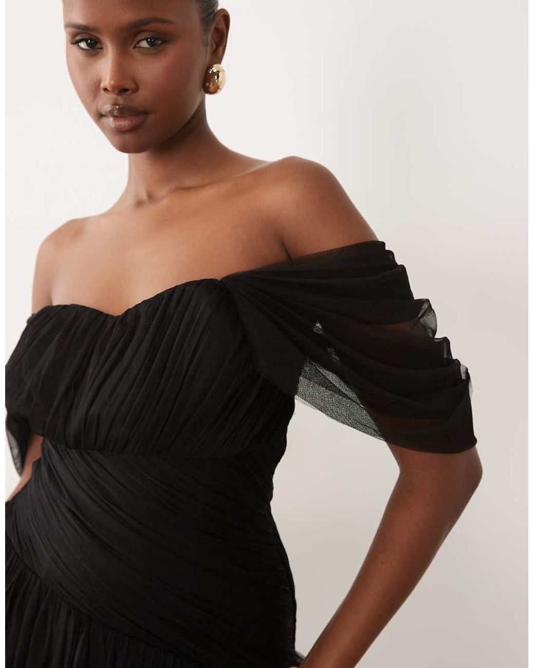 LACE & BEADS Black Tulle Fallen Shoulder Asymmetric Ruffle Detail Maxi Dress