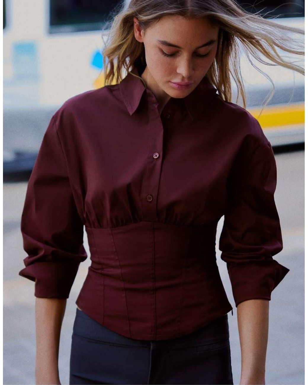 Bershka Red Long Sleeve Corset-effect Shirt