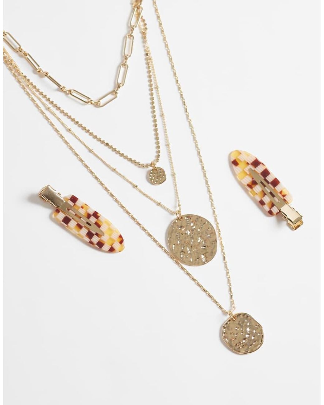 ASOS White Multirow Necklace With Mix Chain Detail And Molten Circular Pendant