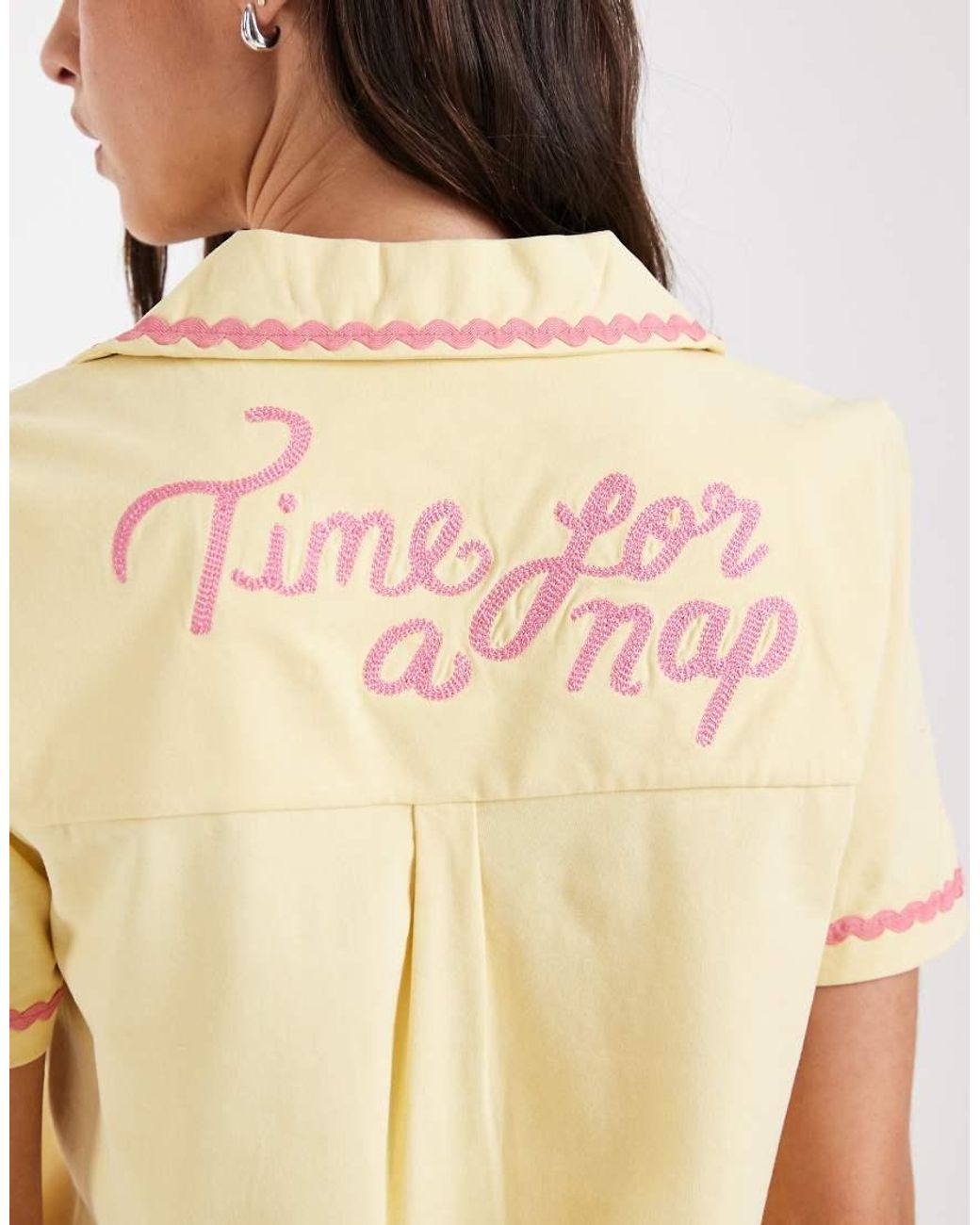 Chelsea Peers Natural Time For A Nap Embroidered Short Sleeve Button Up Shirt And Shorts Nightwear Set