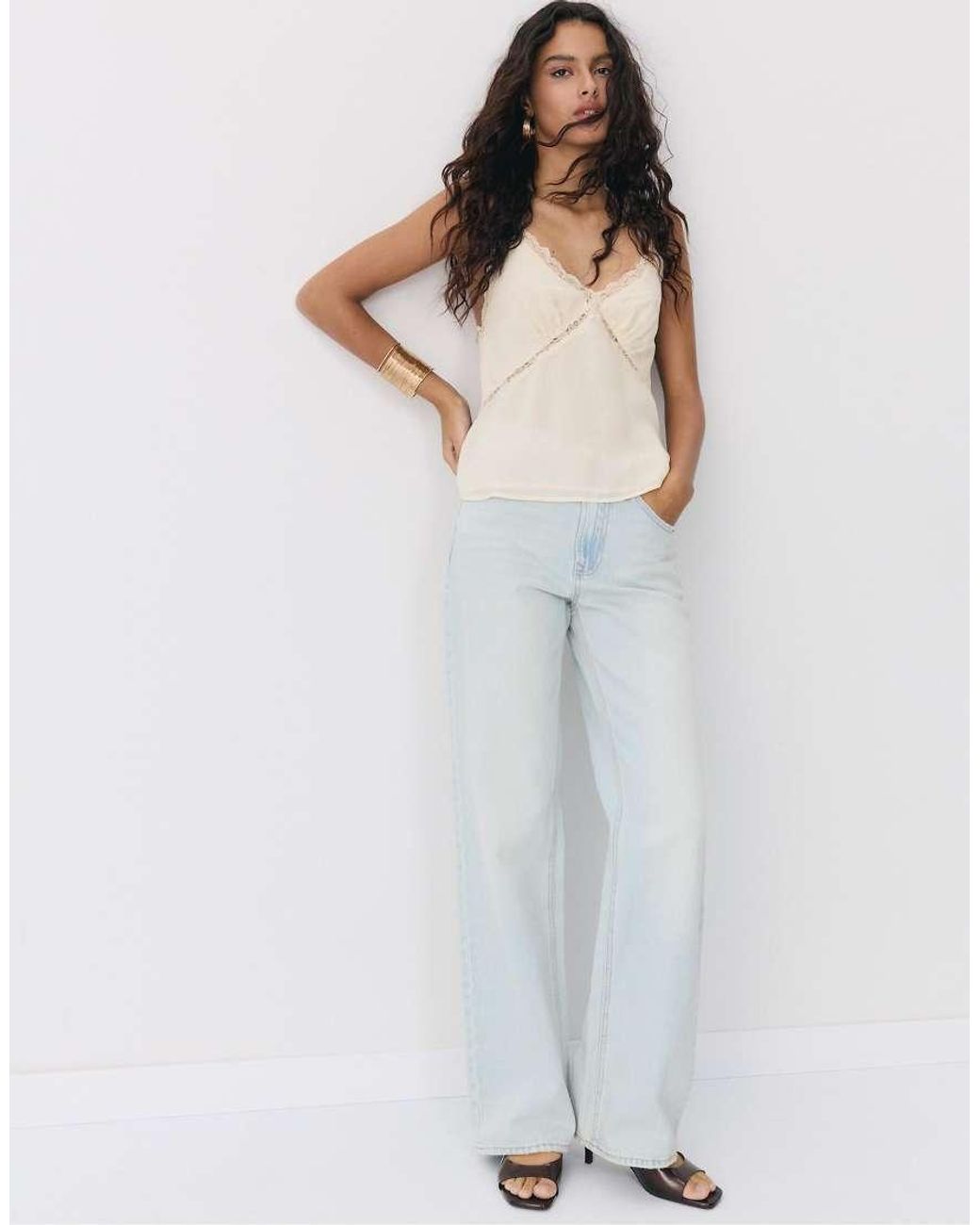 Stradivarius Natural Halter Neck Top With Lace Trim