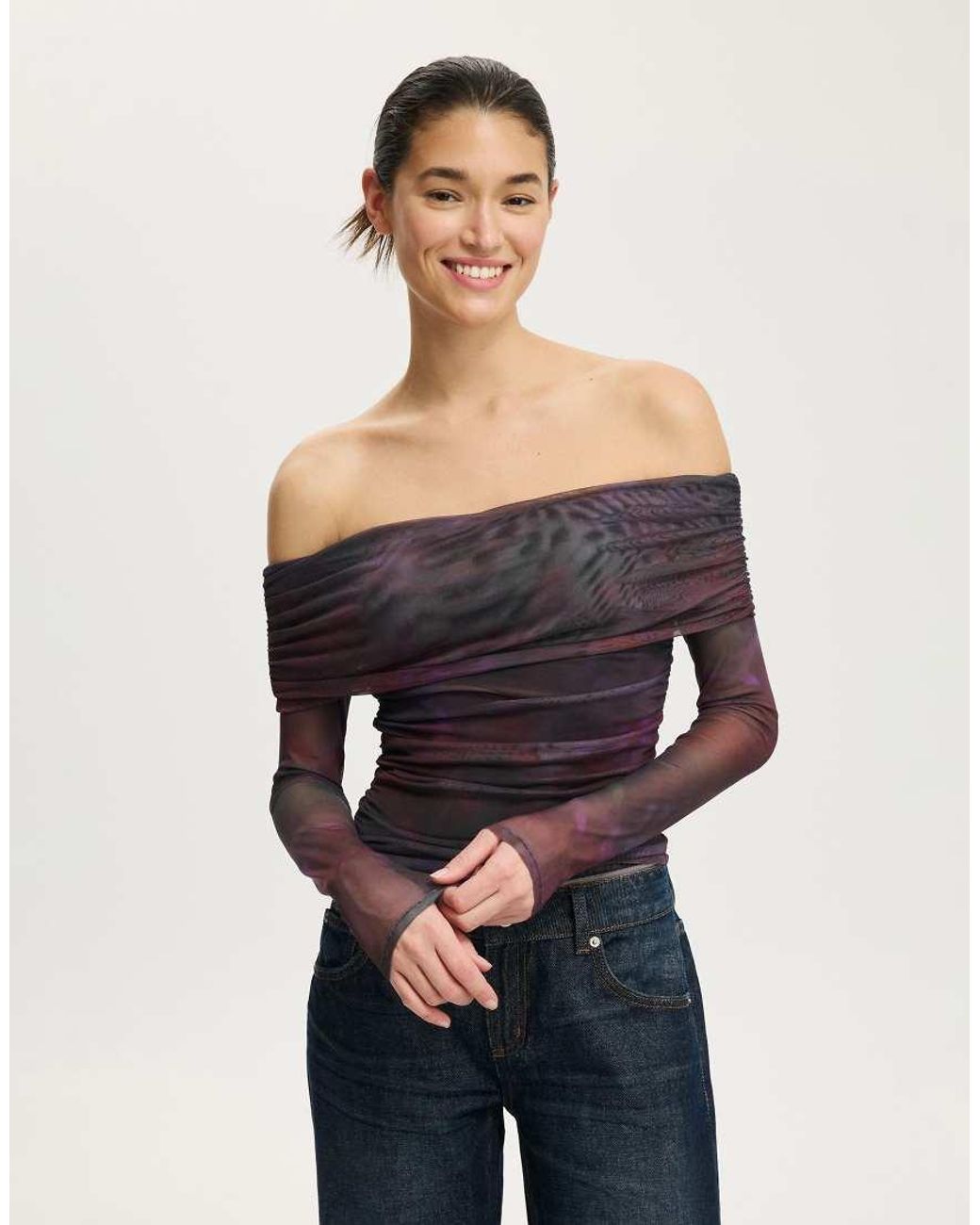 Cotton On Blue Ashley Off Shoulder Mesh Long Sleeve Top