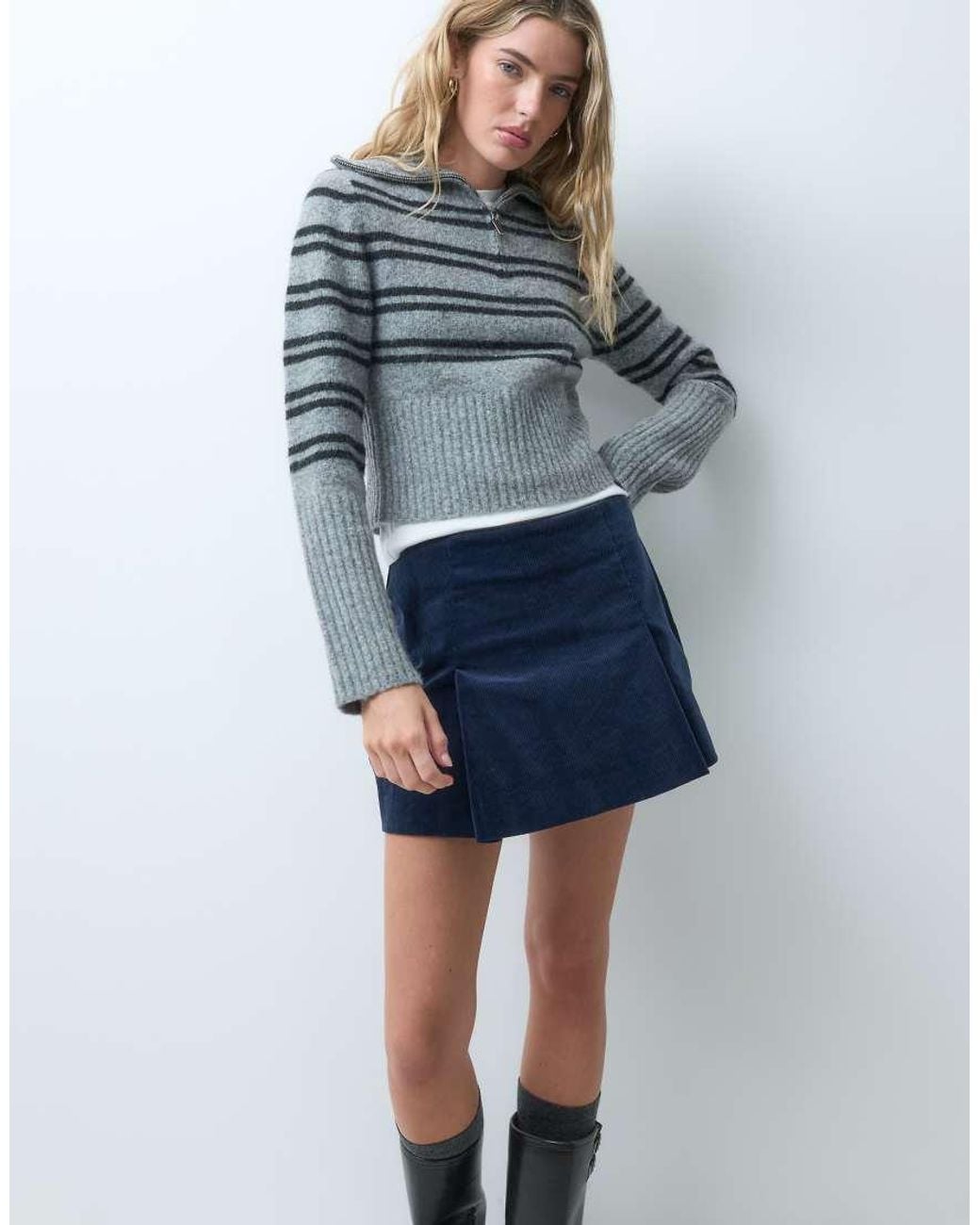 ONLY Blue Pleated Cord Mini Skirt