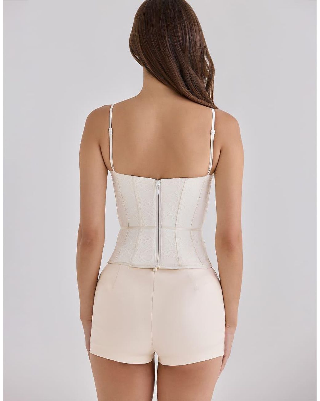 House Of Cb White Audrina Ivory Lace Corset Top With Ribbon Waist Tie