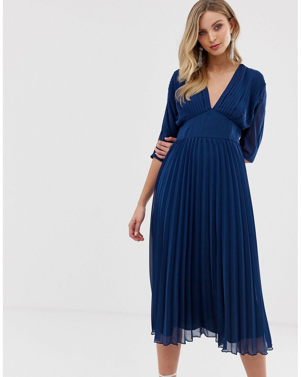 ASOS Synthetic Pleated Midi Dress With Batwing Sleeves in Navy (Blue ...