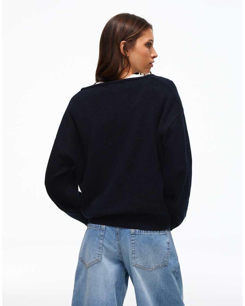 Bershka Blue Oversize V-Neck Jumper