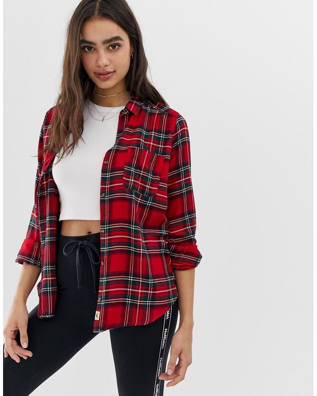 Hollister Oversized Flannel Boyfriend Shirt In Check in Red Lyst