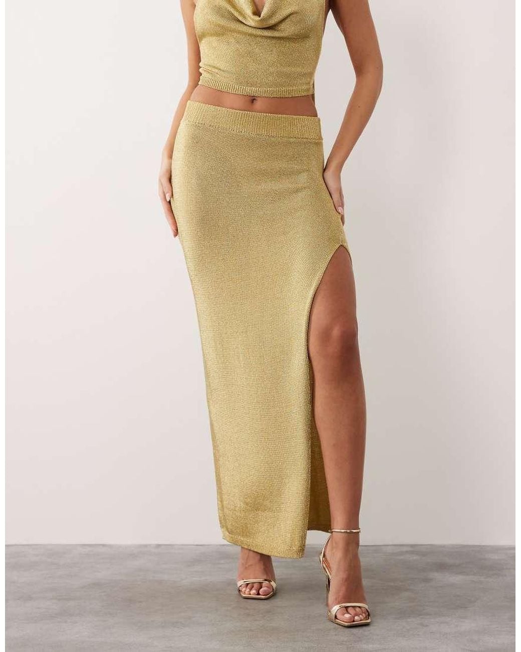 Aria Cove Natural Metallic Knit Thigh Split Maxi Skirt Co-ord