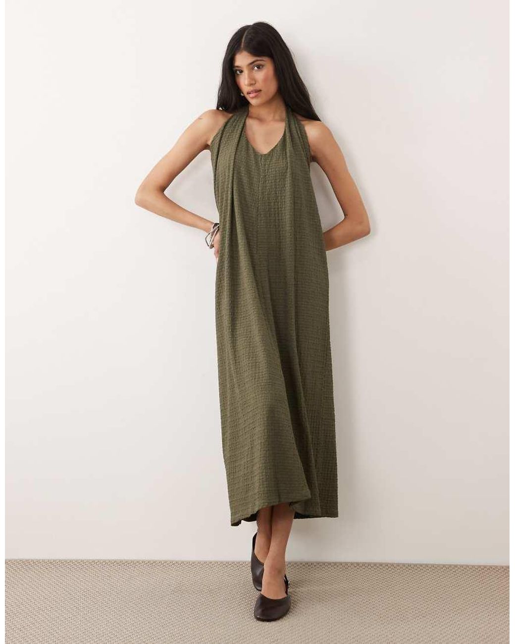 ASOS Green One Shoulder Textured Midi Sundress