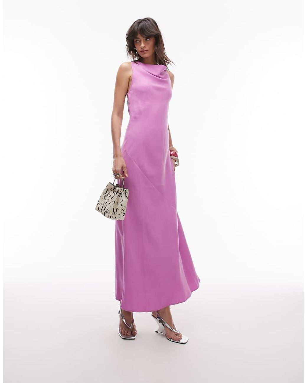 TOPSHOP Pink Drape Neck Open Back Midi Dress