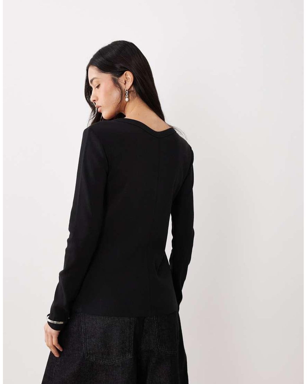 Calvin Klein Black Long Sleeve Rib Button Front Top