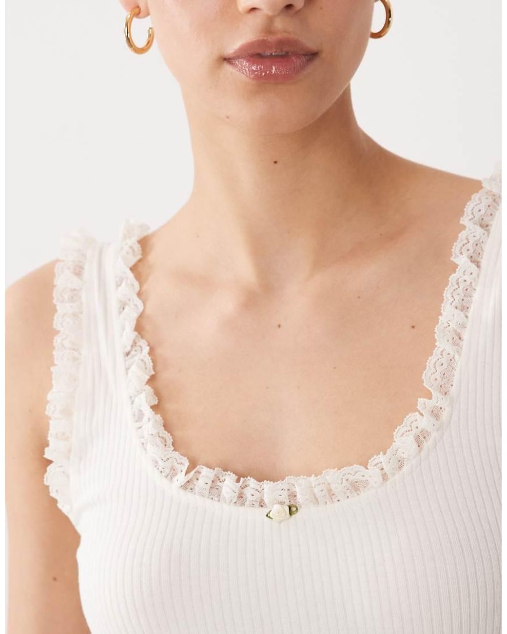 Miss Selfridge White Ribbed Vest Top With Lace Detail