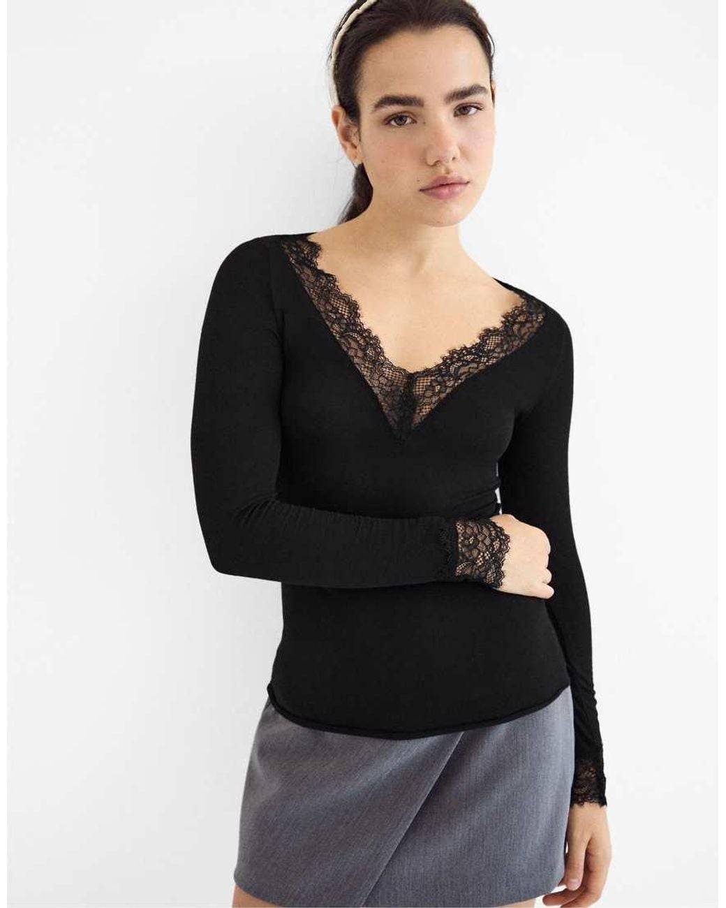 Stradivarius Black Cashmere Blend Long Sleeve V-Neck T-Shirt