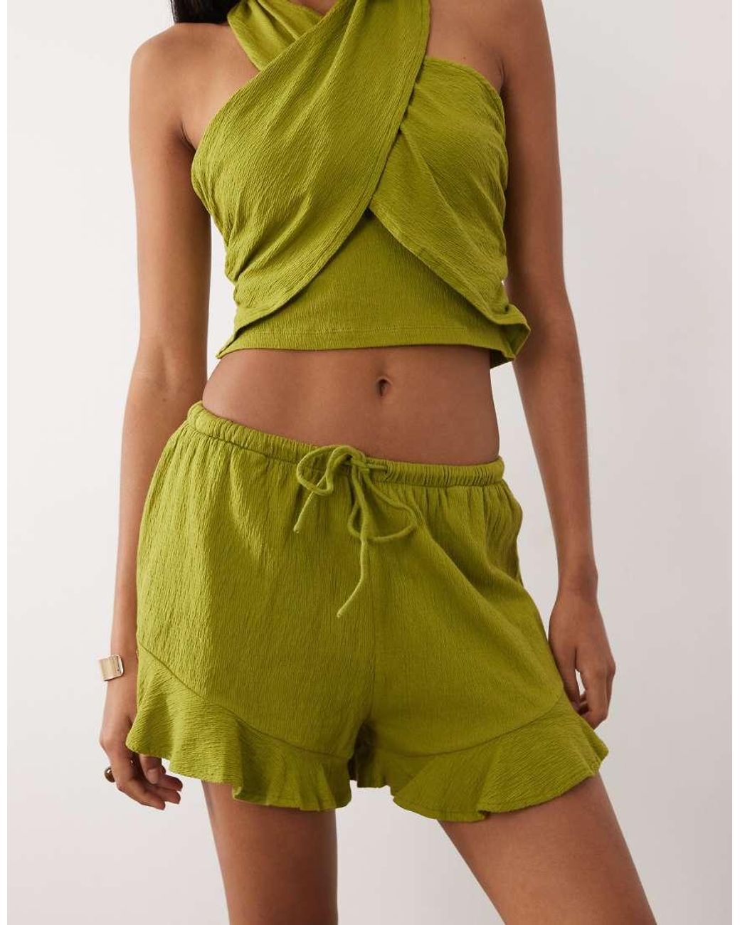 ASOS Green Mix & Match Cotton Crinkle Ruffle Hem Short