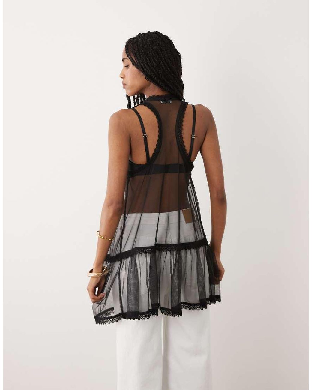 Miss Selfridge Black Embroidered Mesh Cami Top