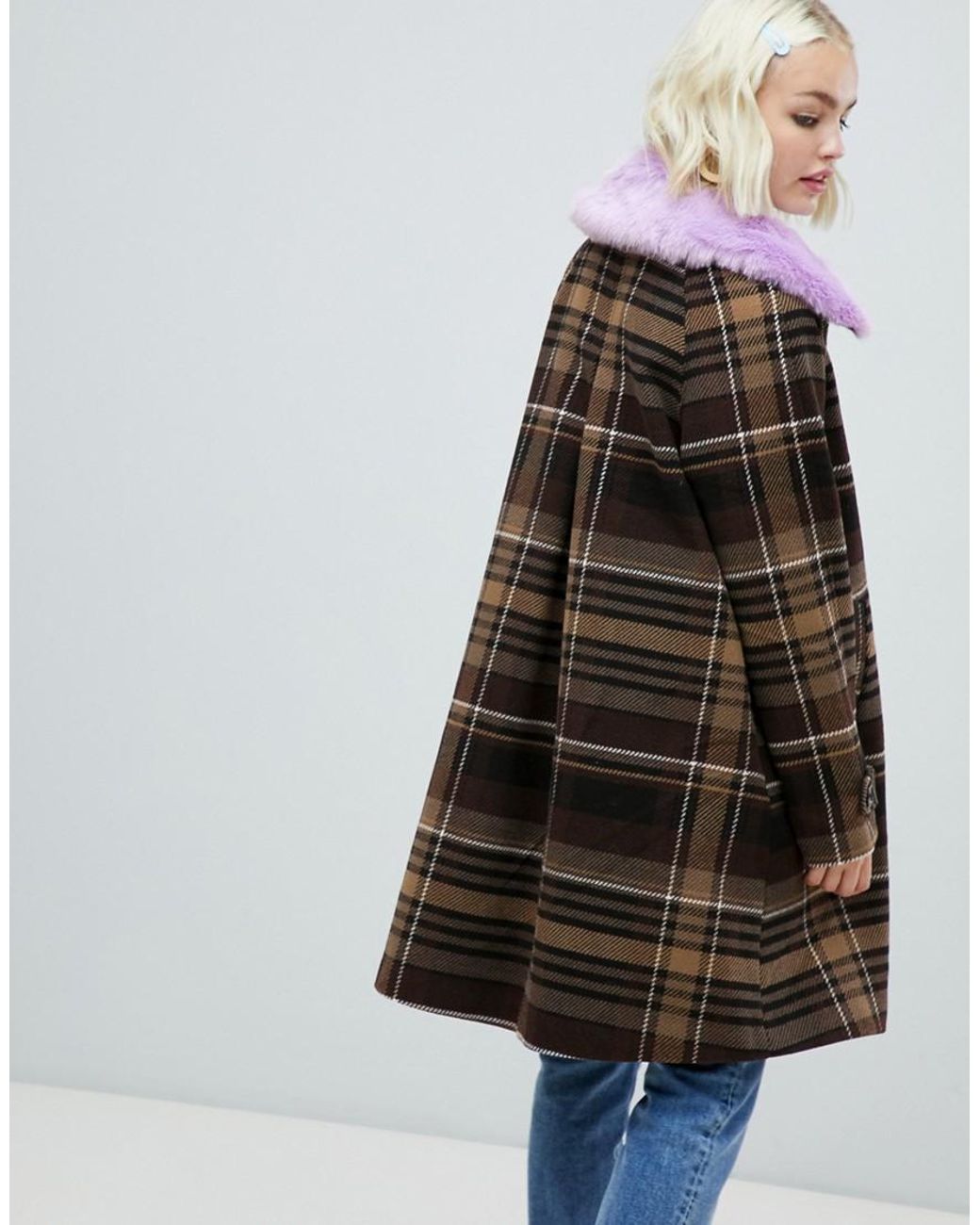 Monki Synthetik Karierter Mantel mit Kunstfellkragen, in Tom Tailor LORENZA Braun Kostenloser Versand |