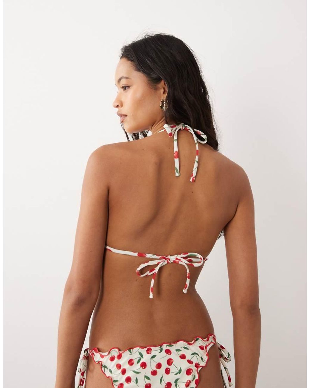 Accessorize Brown Cherry Print Triangle Bikini Top With Contrast Trim