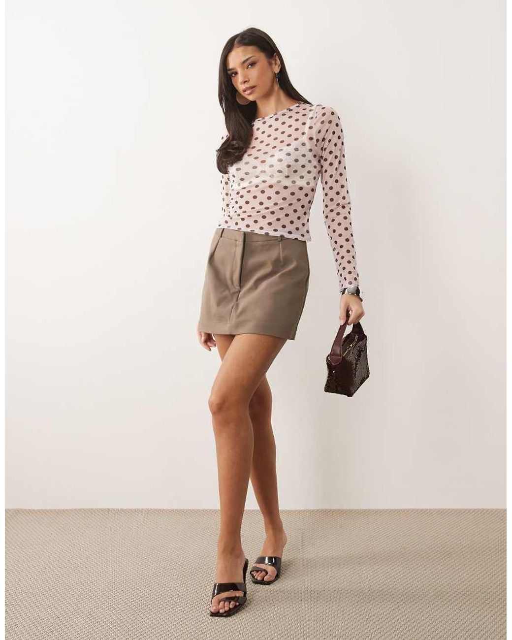 ASOS Brown Printed Mesh Long Sleeve Top