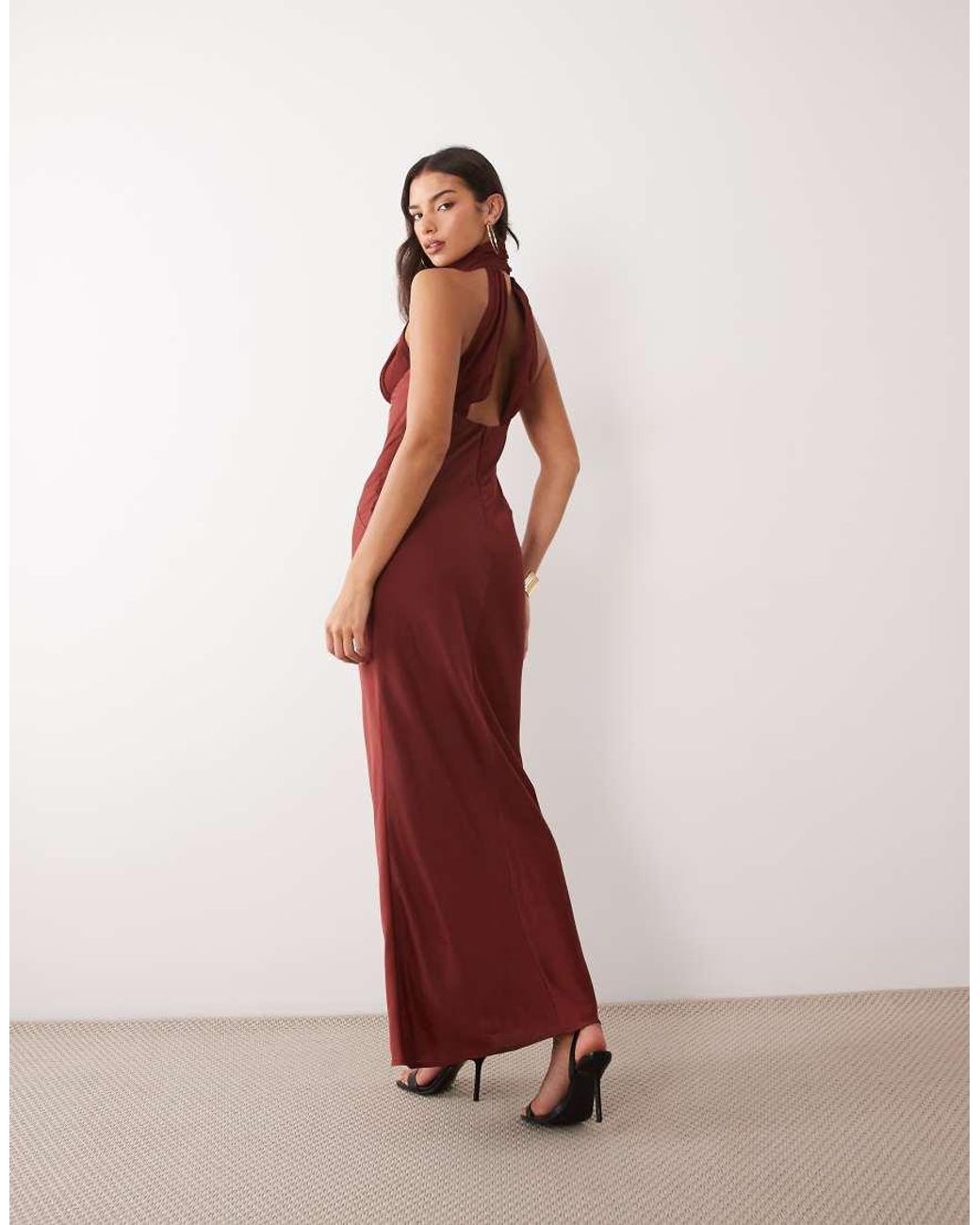 ASOS Red High Neck Satin Maxi Dress With Ruched Chiffon Detail