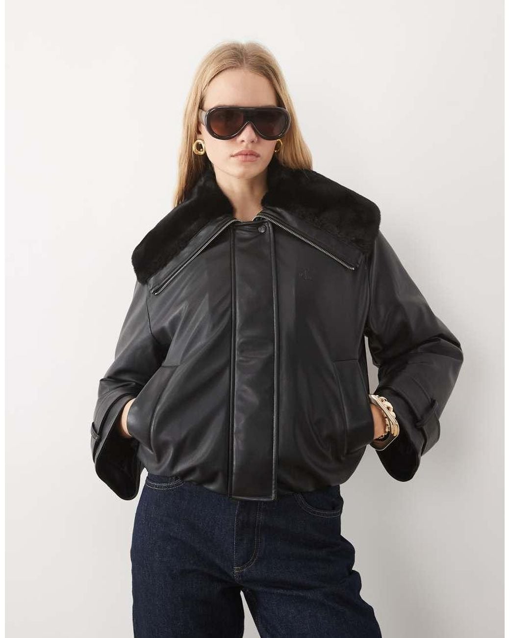 Calvin Klein Gray Faux Leather Bomber Jacket With Collar Detail