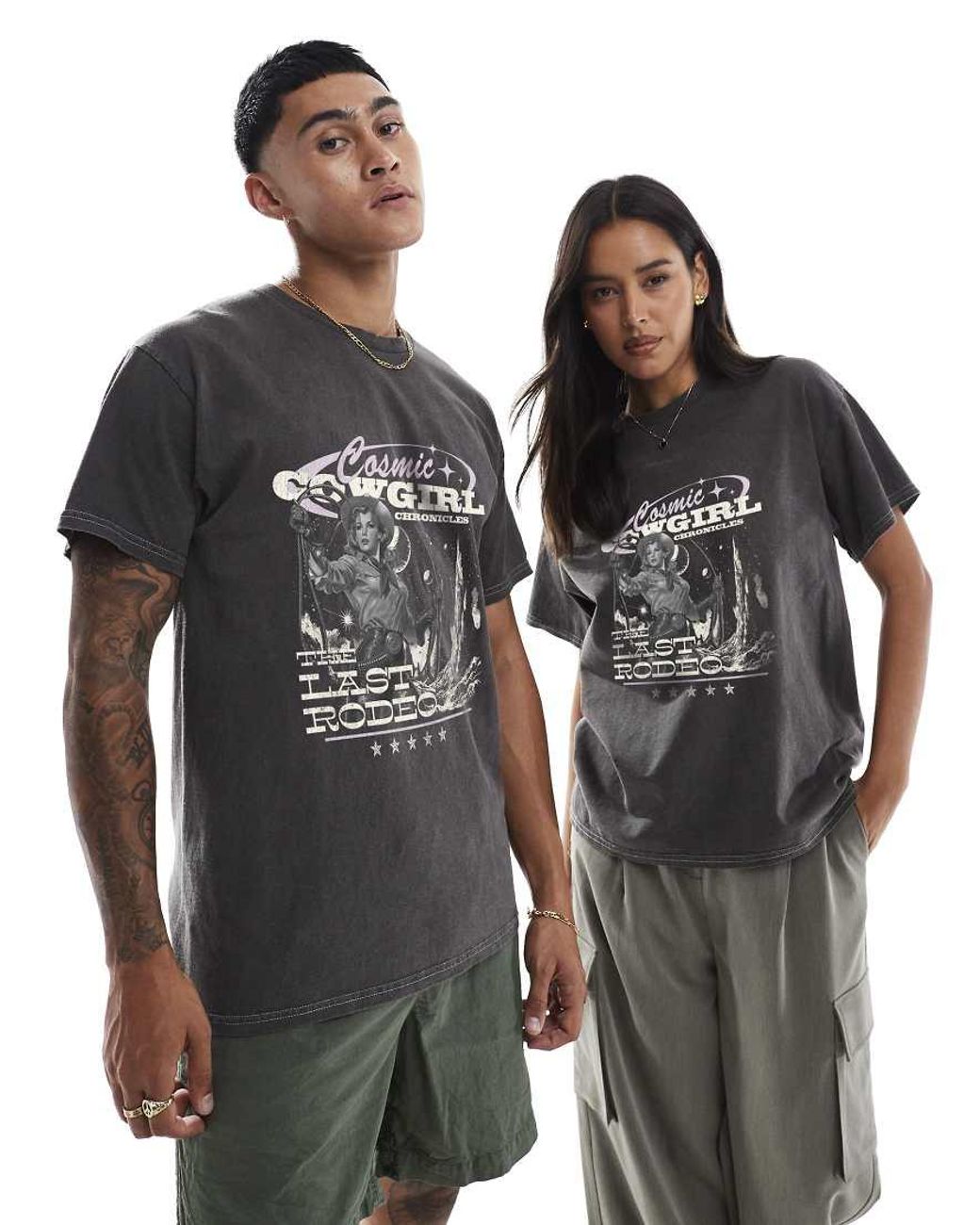 PRNT Black Cosmic Cowgirl Front Print Washed T-Shirt