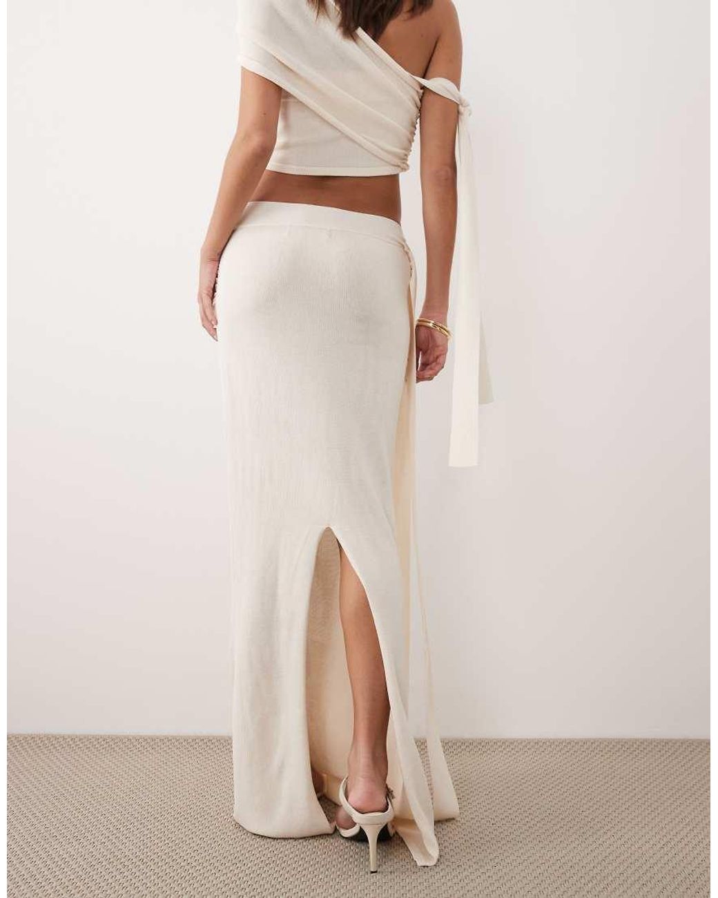 Wanderdoll White Lois Fine Knit Maxi Tie Side Drape Detail Skirt Co-Ord
