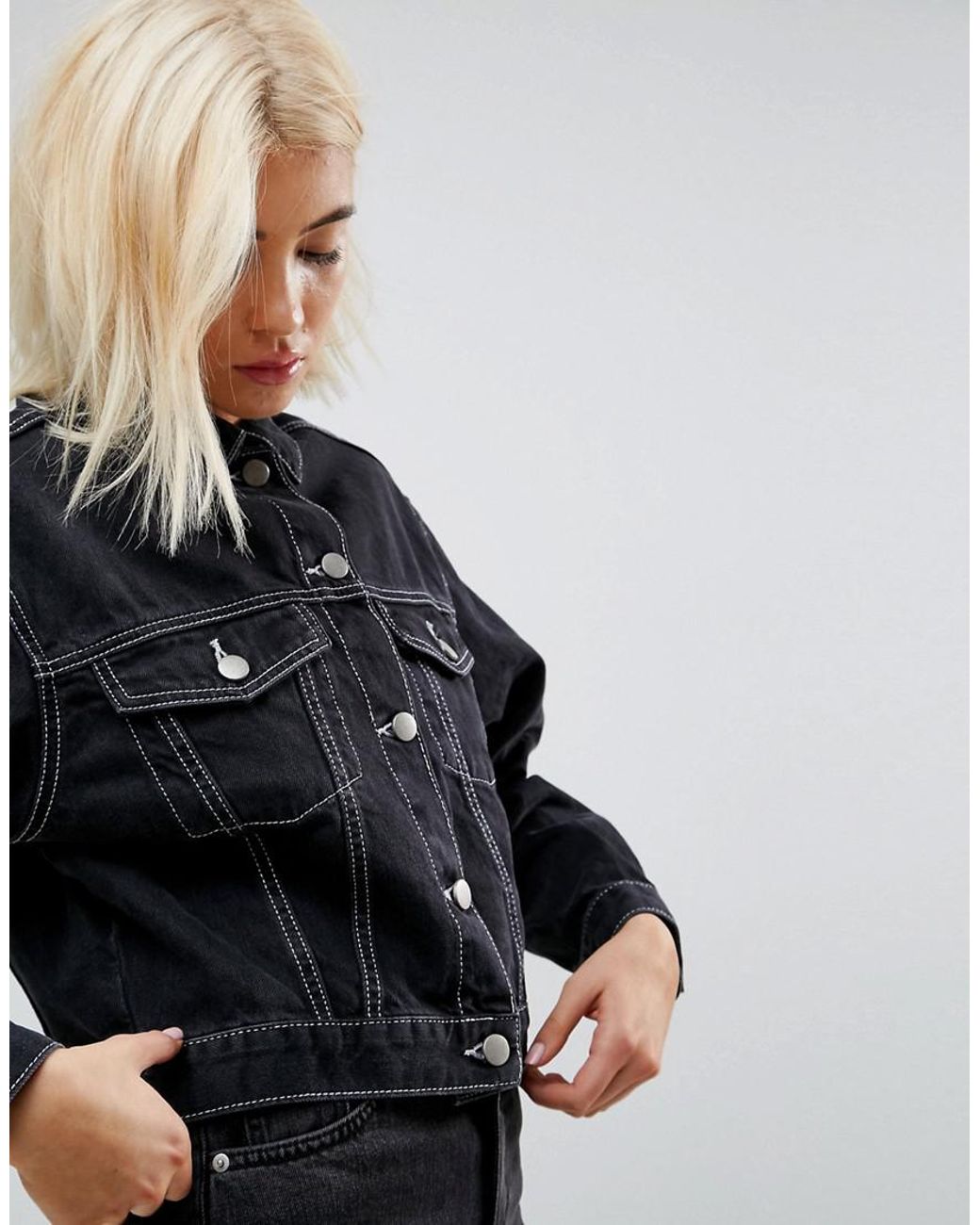 ASOS Denim Jacket In Black With Contrast Threads | Lyst