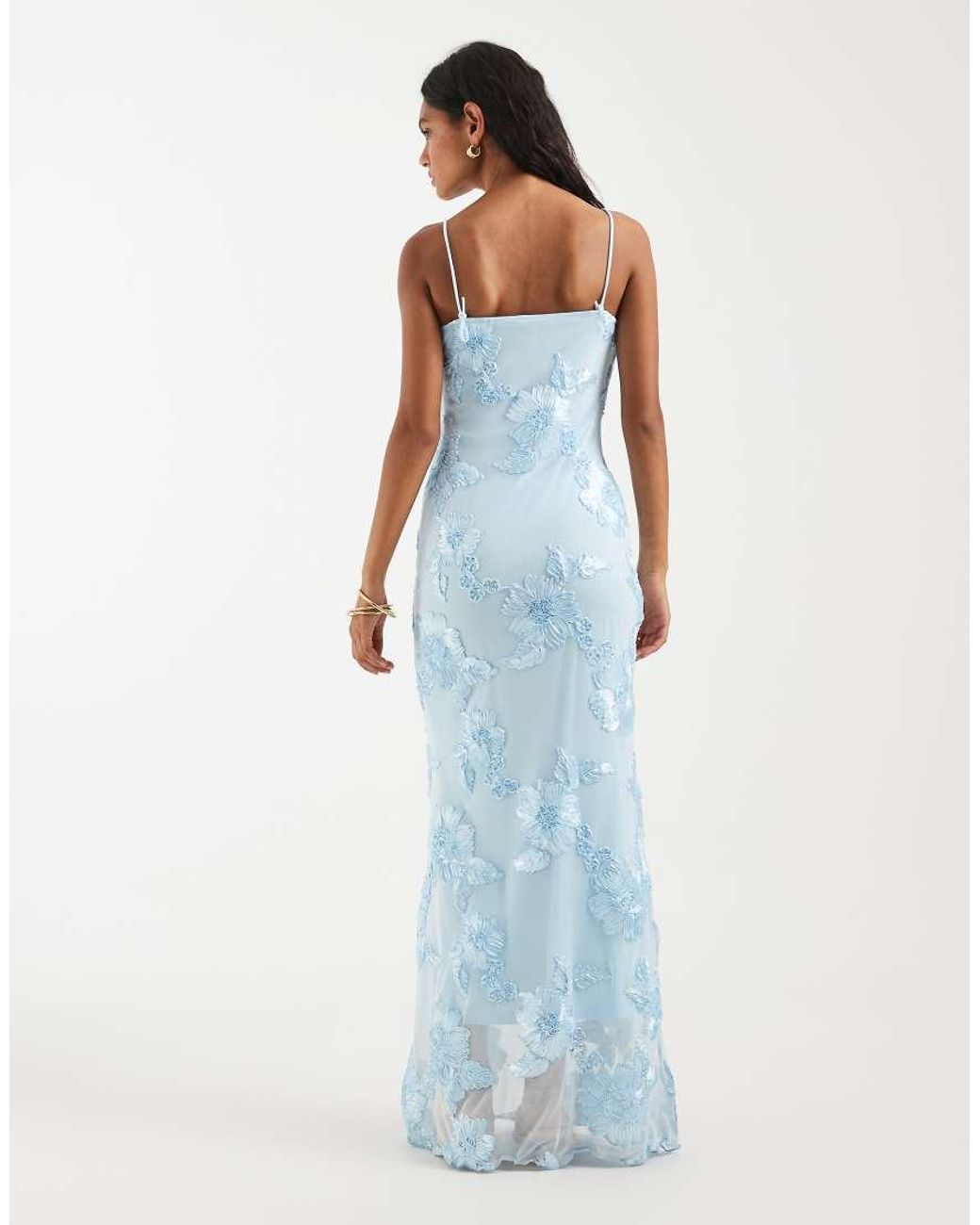 Pieces Blue Floral Embroidered Mesh Cami Maxi Dress