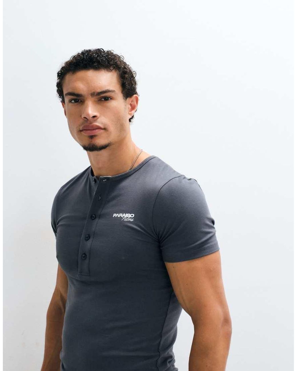 ASOS Blue Muscle Henley T-shirt With Chest Graphic for men
