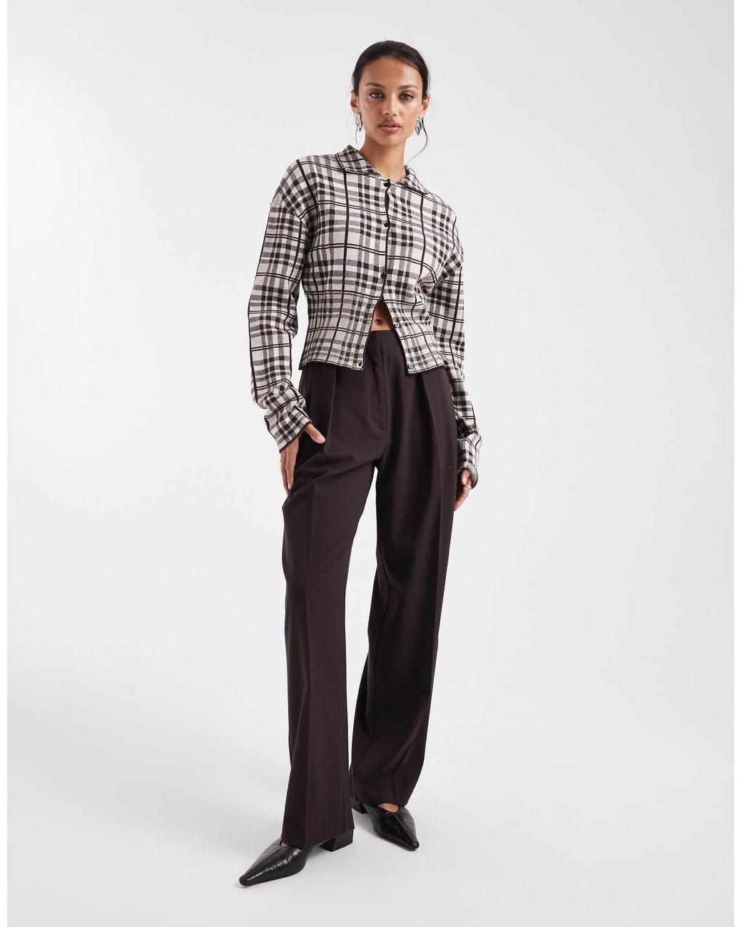 Collusion Gray Check Knitted Button Through Top