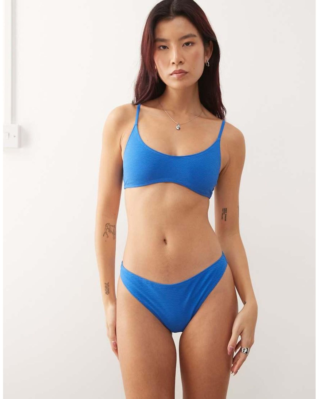 Weekday Blue Crinkle Scoop Neck Bikini Top