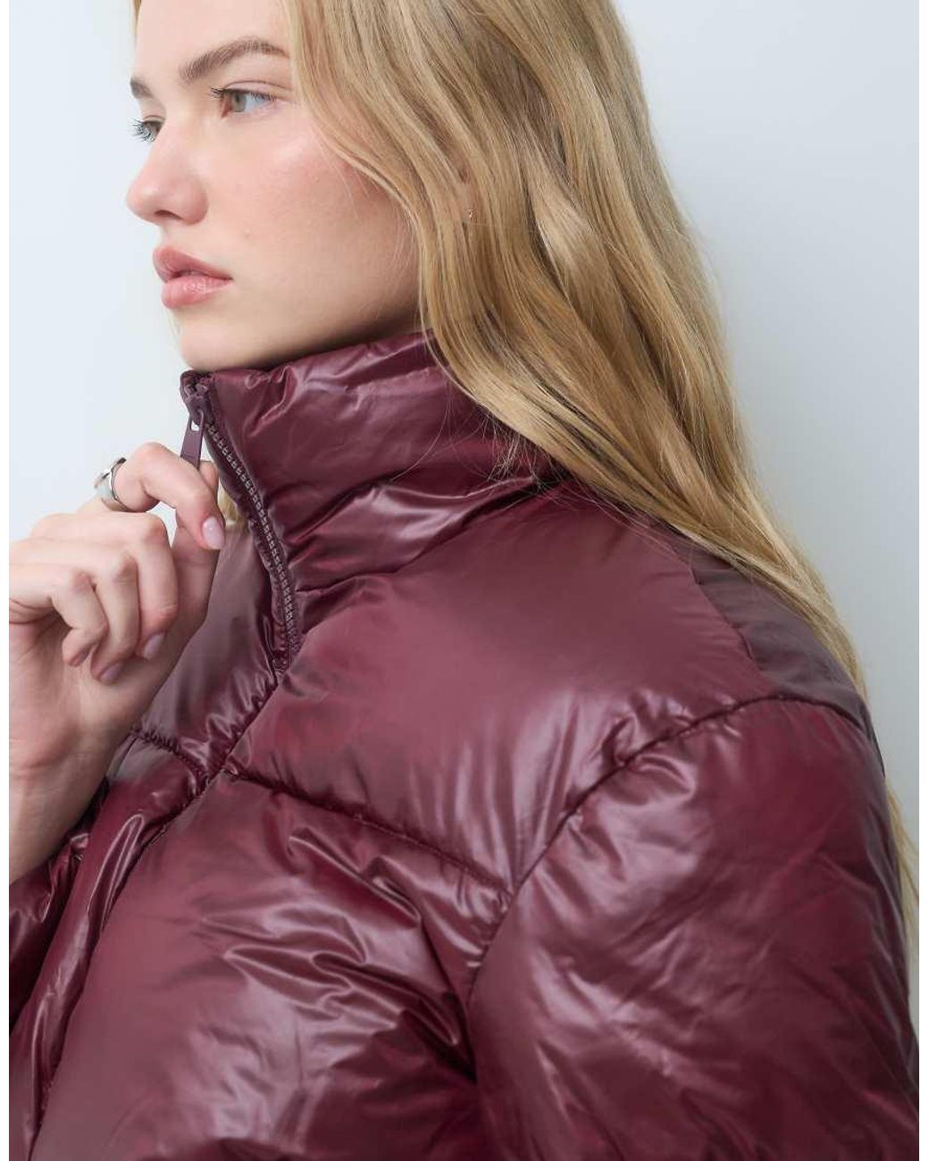 Pieces Purple Funnel Neck Short Padded Coat