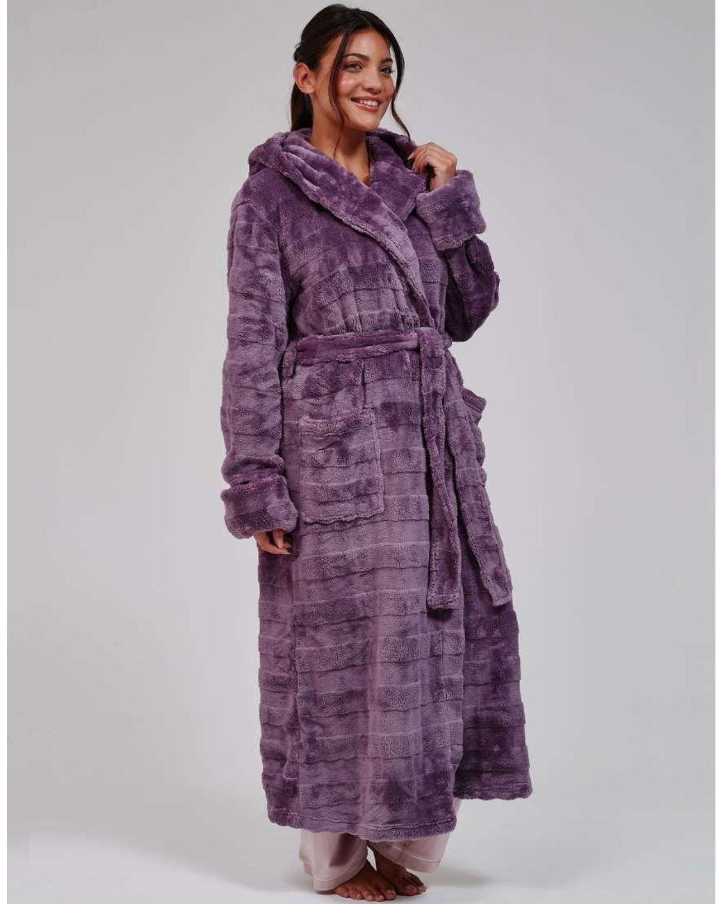 Loungeable Purple Embossed Stripe Luxury Fleece Maxi Hooded Dressing Gown