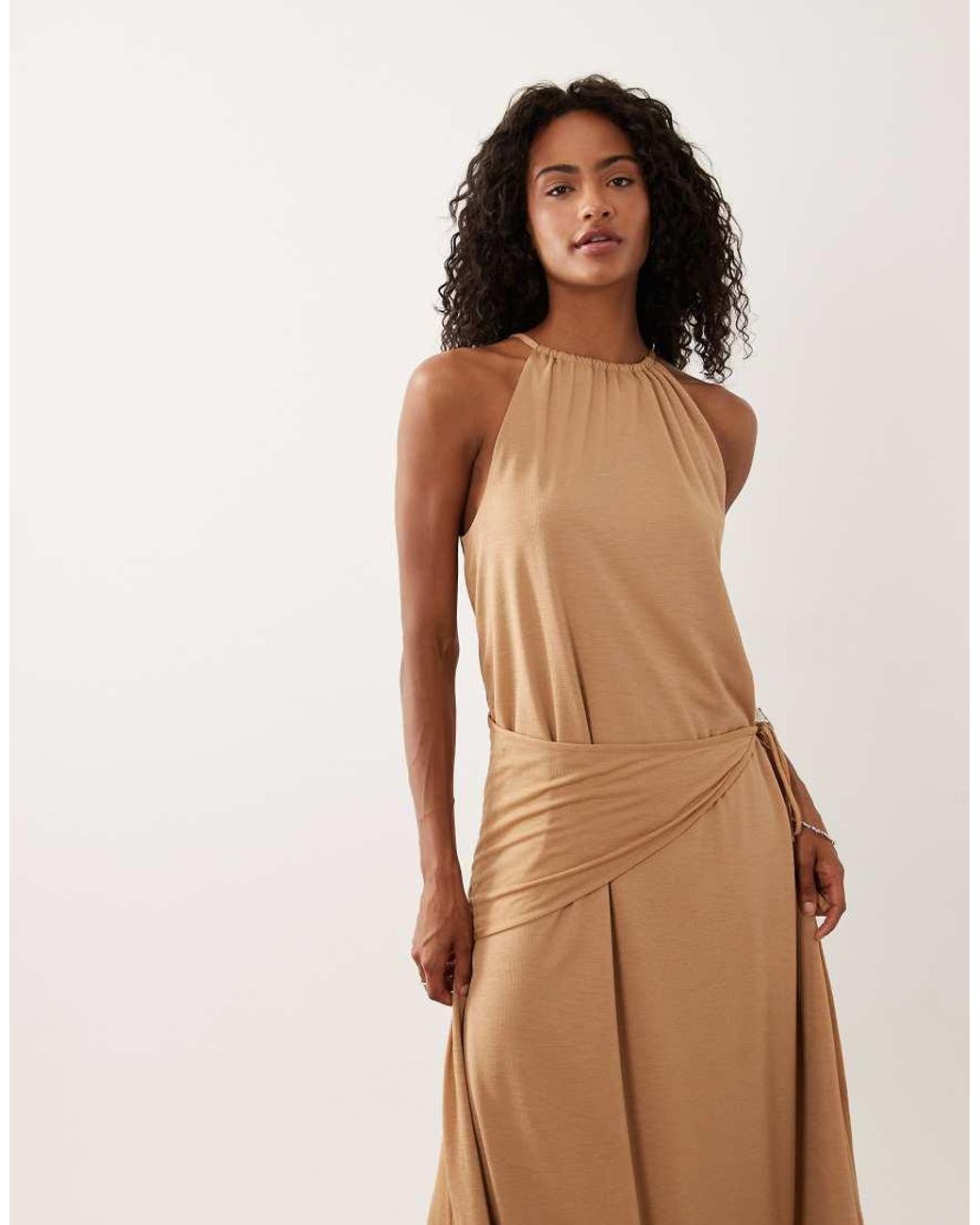 ASOS Natural Textured Jersey Wrap Scarf Detail Maxi Dress