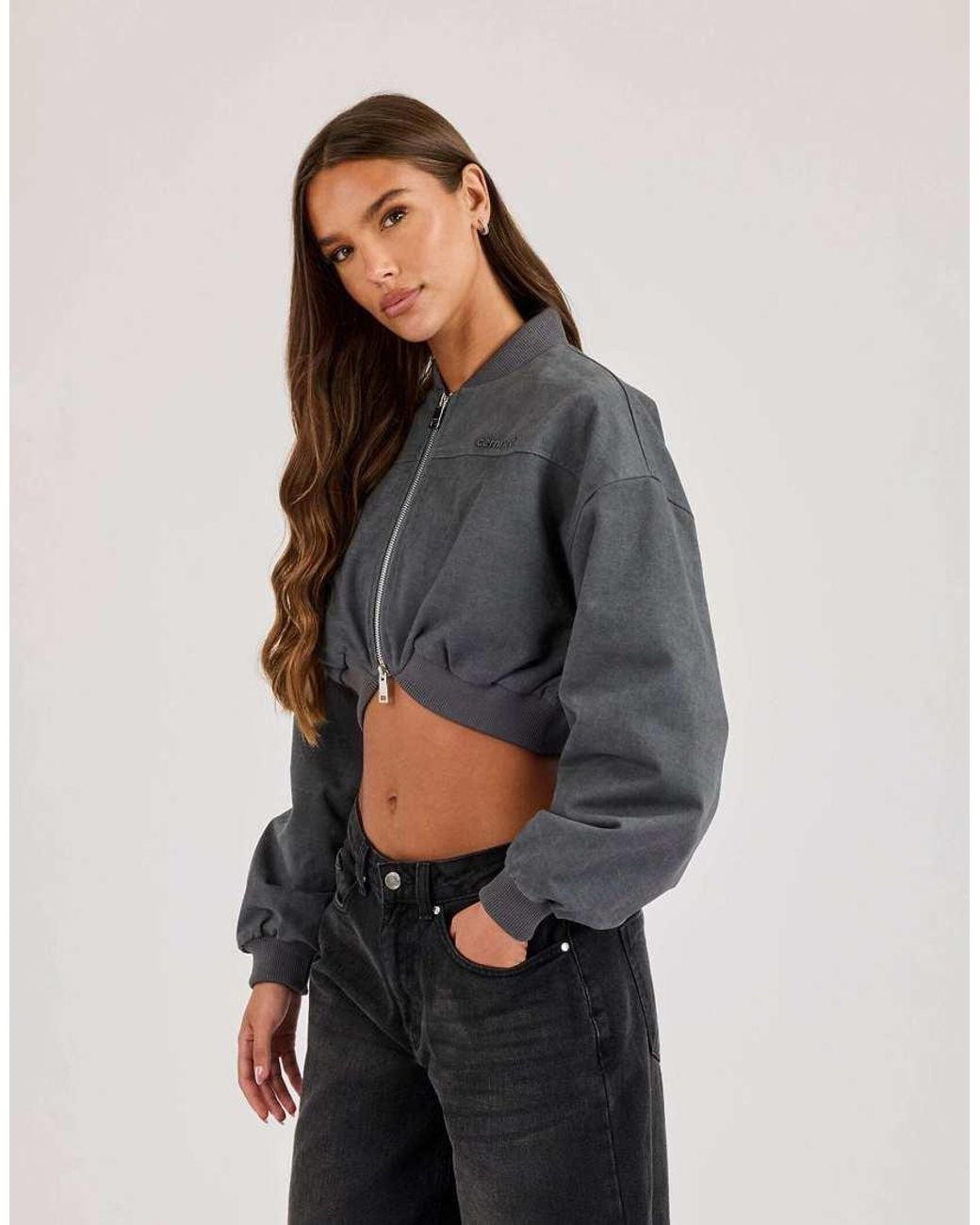 CERNUCCI Gray Curved Hem Cropped Bomber Jacket