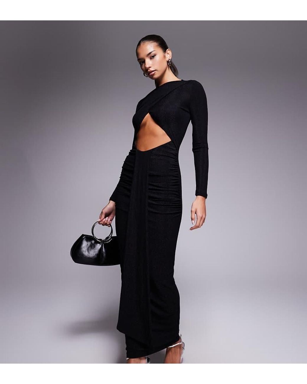 Murci Black Exclusive Slash Neck Crossover Front Cut Out Drape Detail Maxi Dress