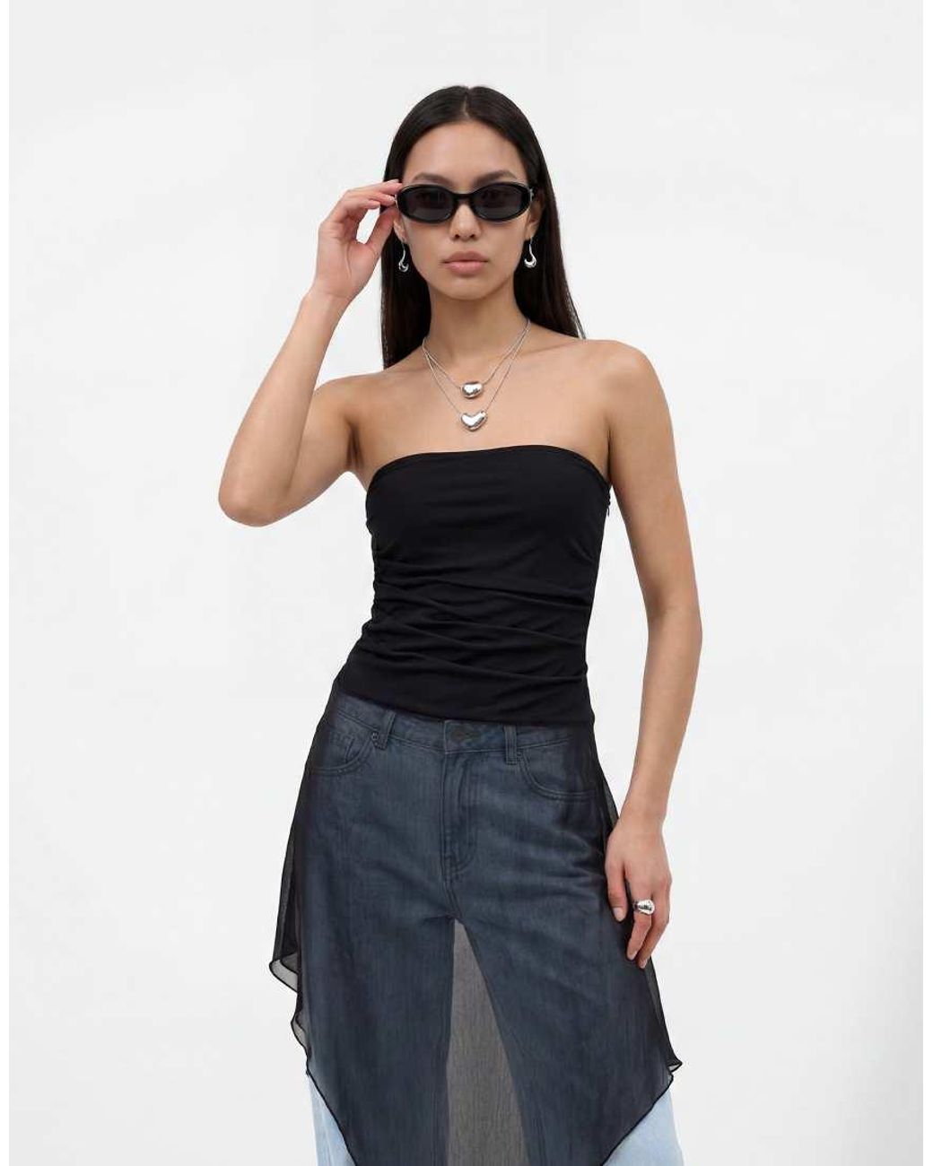 Noisy May Blue Bandeau Top With Asymm Chiffon Overlay