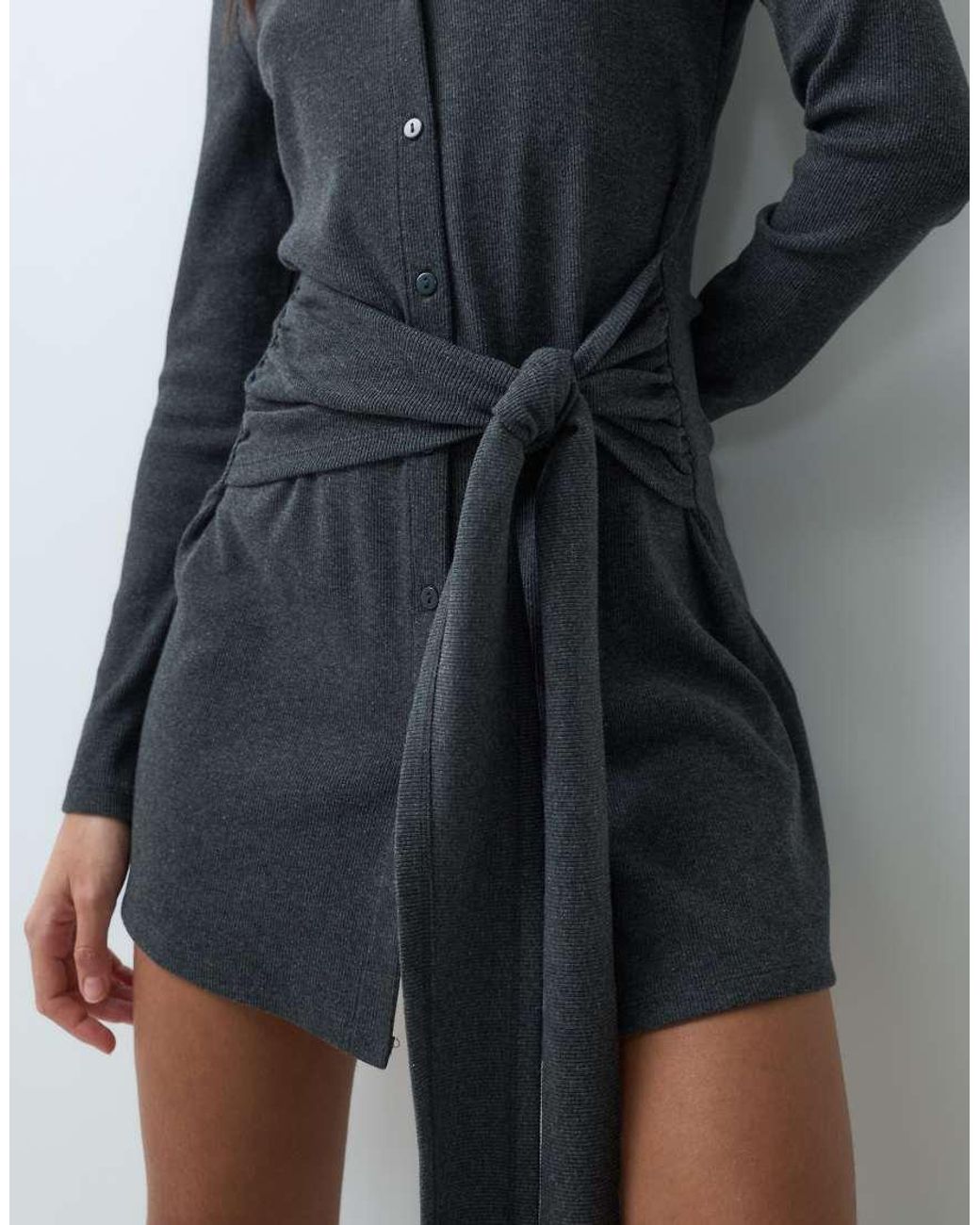 ASOS Gray Knotted Waist Detail Long Sleeve Dress