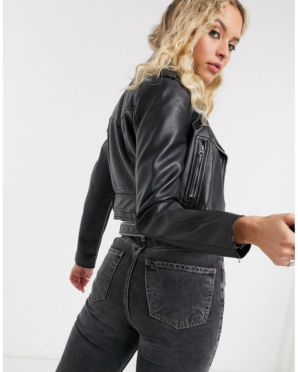 Bershka Cropped Faux Leather Biker Jacket in Black Lyst UK