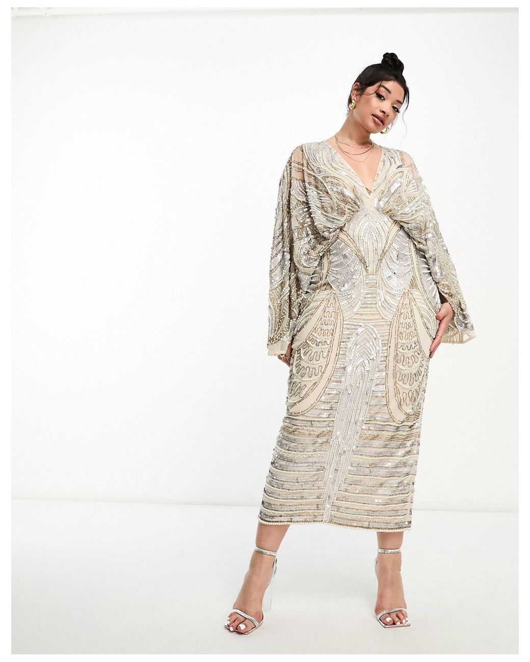 Asos Curve Kimono Sleeve Midi Dress With Sequin And Pearl Embellishment