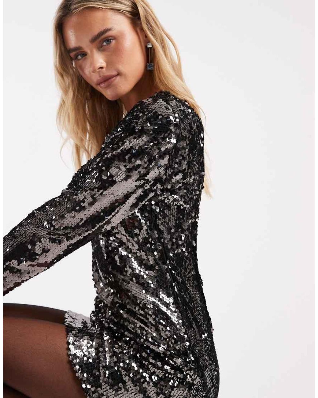 Only Petite Metallic Open Back Long Sleeve Sequin Mini Dress