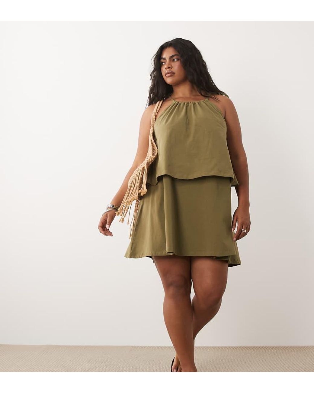 ASOS Green Asos Design Curve Tie Neck Baby Doll Mini Dress