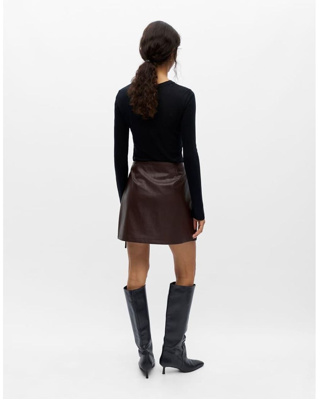 Object Black Olive Faux Leather Mid Waist Medium Wrap Mini Skirt
