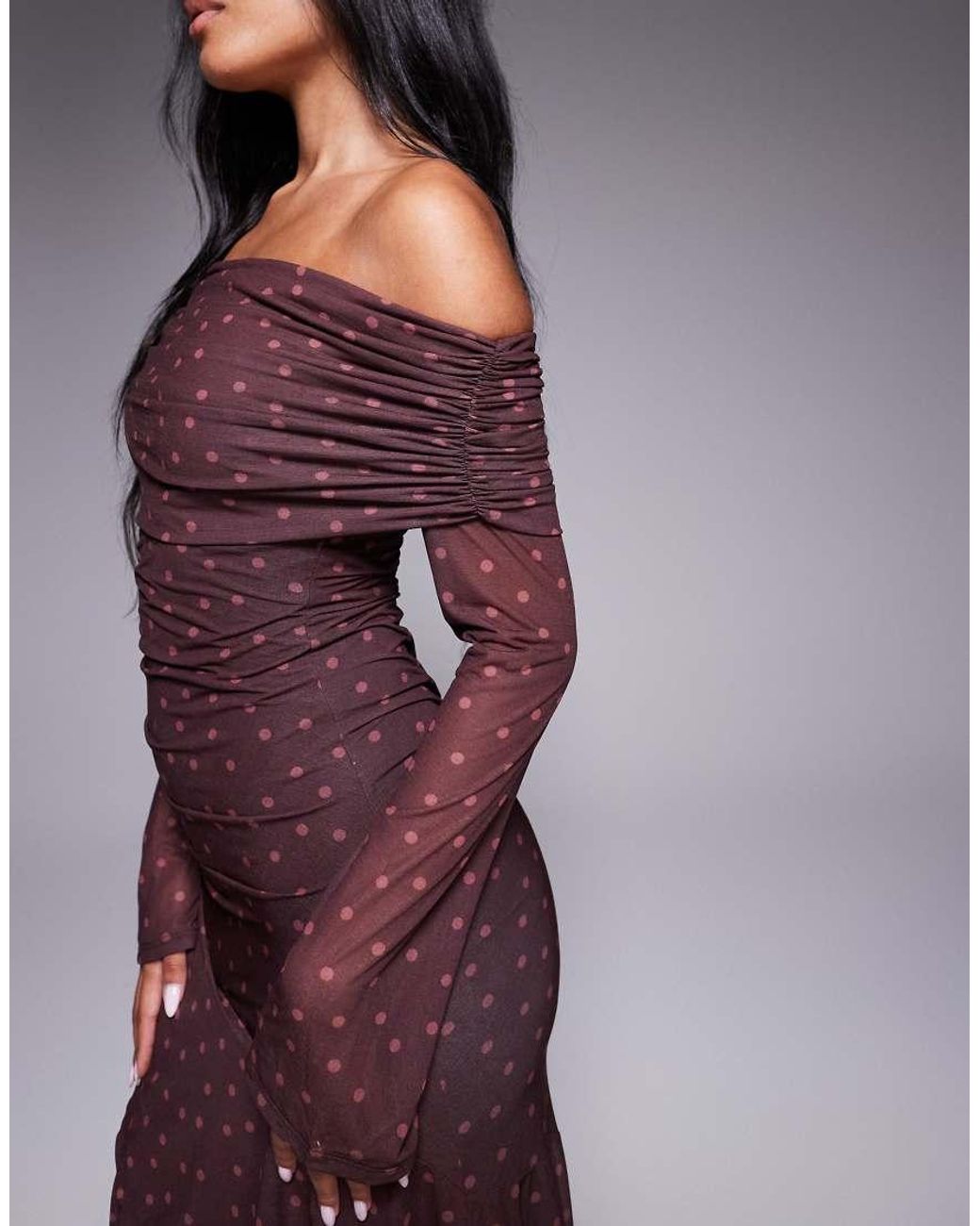 ASOS Purple Stretch Chiffon Long Sleeve Bardot Maxi Dress With Ruffle Hem